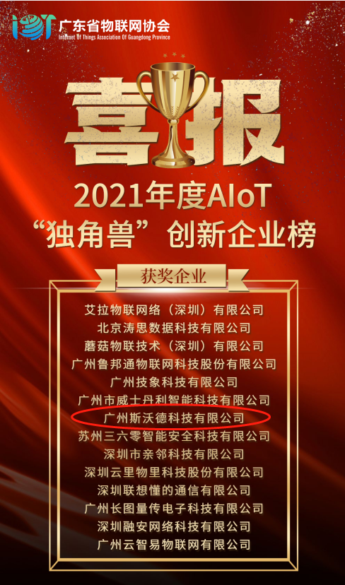 再摘殊榮！斯沃德科技獲“2021 AIoT獨角獸創(chuàng)新企業(yè)獎”